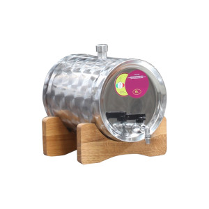 Pálinkatartály fekvő 6L inox, fa állványon Panka